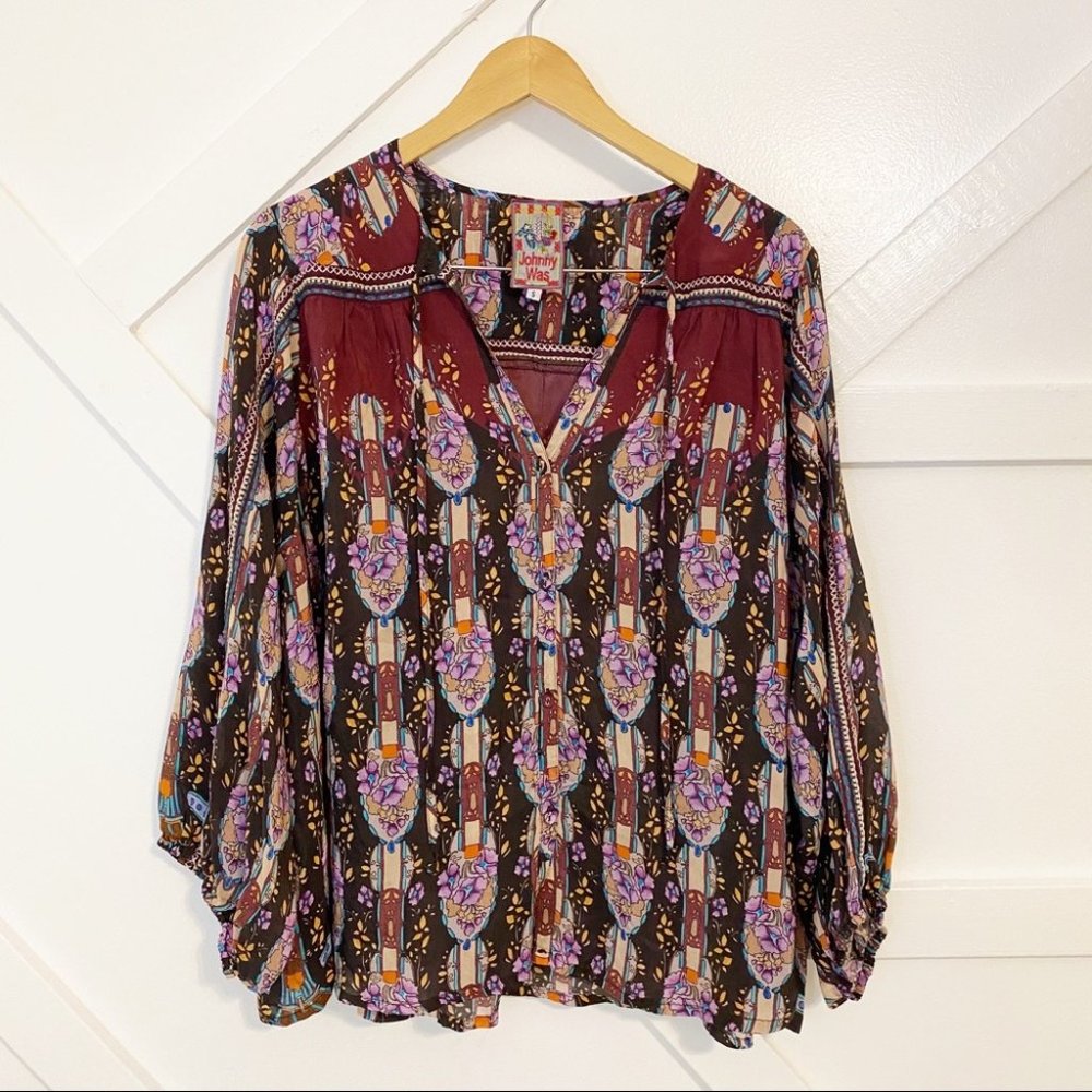 Johnny Was Printed Roco Button Down Blouse Small